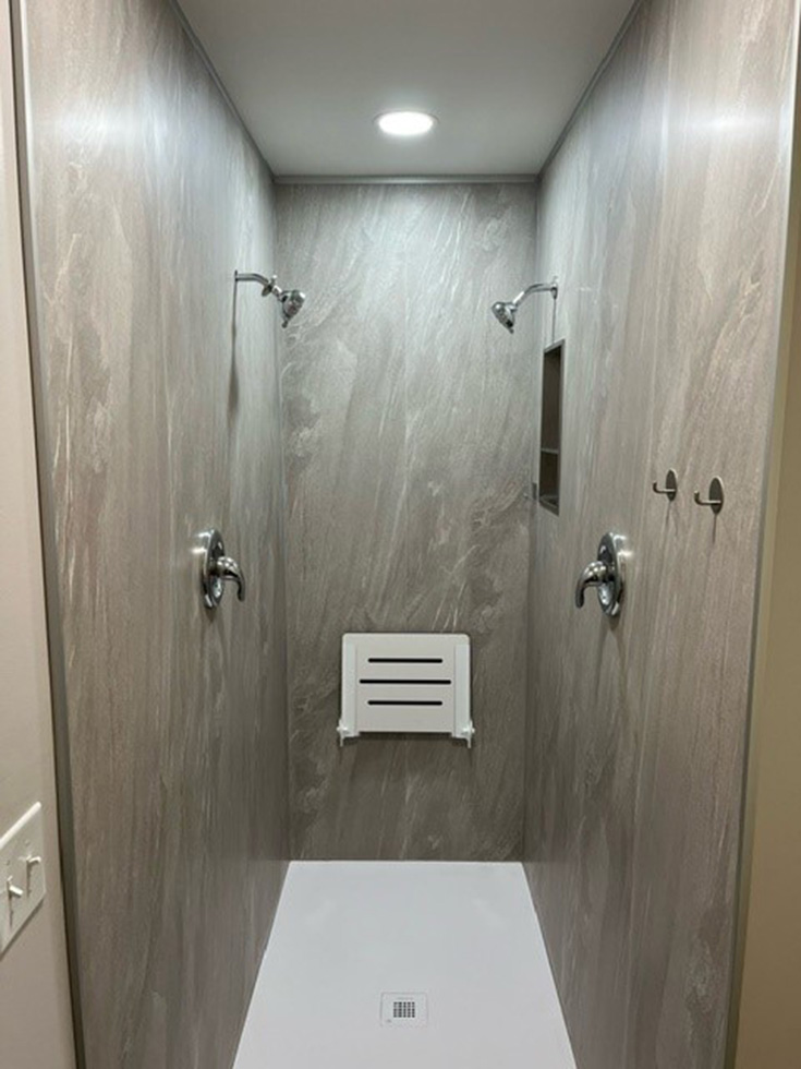 Tip 1 greystone laminate click together shower wall panels - Innovate Building Solutions, Laminate Wall Panels, Shower Wall Panel Designs, Walk In Shower Designs, Bathroom Makeover Concepts