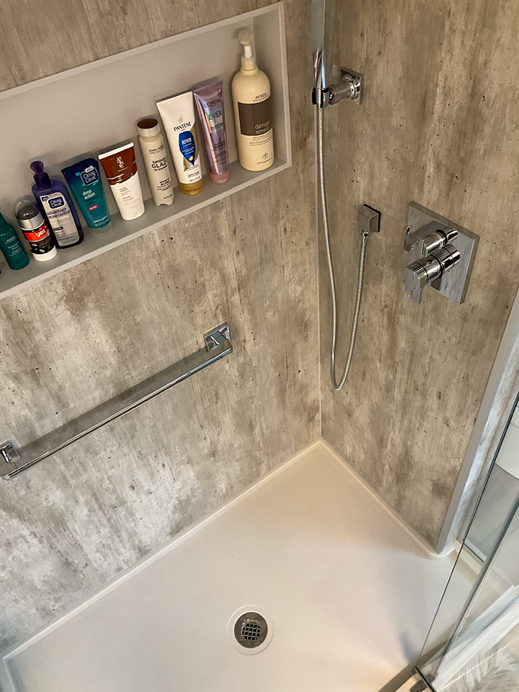 Tip 5 decorative grab bars cracked cement wall panels - Innovate Building Solutions, Shower Grab Bars, Shower Wall Panel Options, DIY Bathroom Shower, Custom Shower Designs