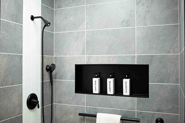 section 2 tip 7 matte black recessed niche and grab bar - Innovate Building Solutions, Bathroom Shower Accessories, Alternatives To Tile, Shower Wall Panels, Bathroom Shower Designs