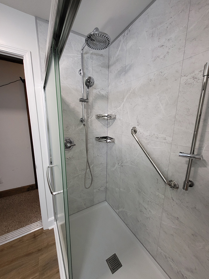 Secret 4 white marble laminate shower panels age in place shower - Innovate Building Solutions, Shower Wall Panels, Walk In Shower Designs, Accessible Shower Designs, Age In Place Shower Options