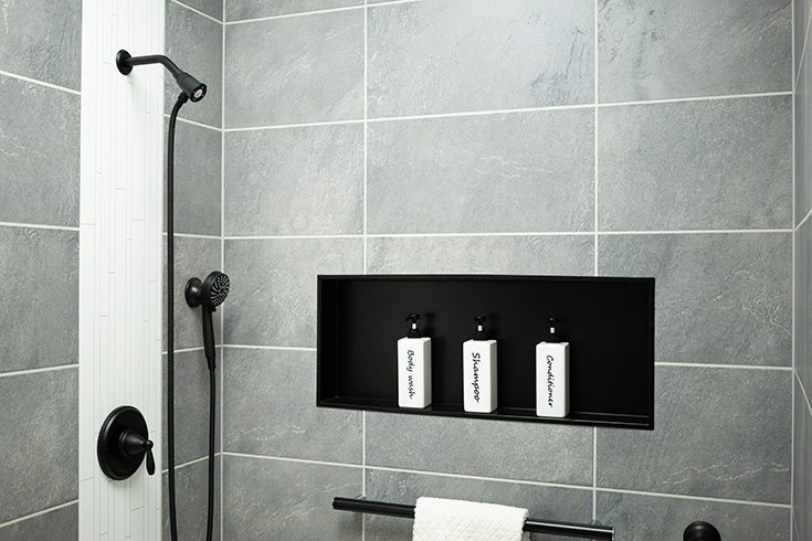 Secret 9 removable shower head in matte black horizontal niche - Innovate Building Solutions, Cleveland Ohio Age In Place Shower, Walk In Shower Features, Accessible Shower Concepts, Bathroom Shower Accessories