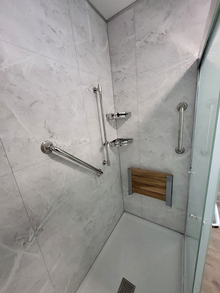 Step 2 grab bars brushed stainless white marble wall panels - Innovate Building Solutions, Cleveland Ohio Bathroom Showers, Accessible Shower Accessories, Age In Place Shower Designs, Home Improvement Projects