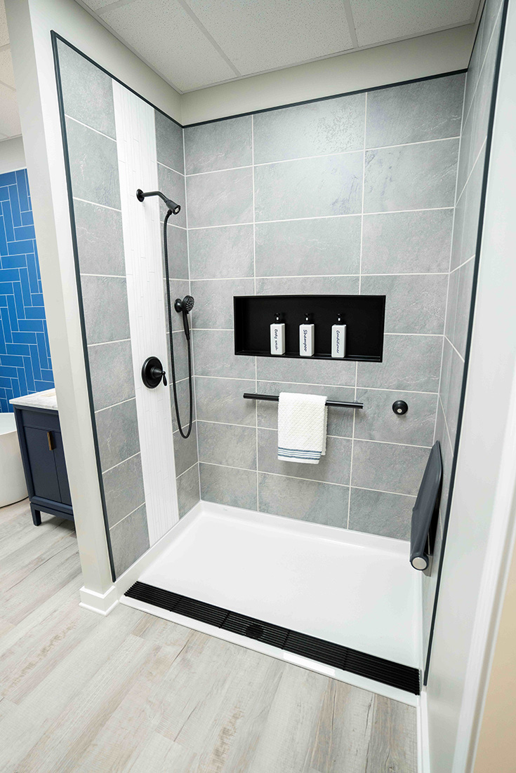 Tip 4 shower accessories fold down seat grab bar niche - Innovate Building Solutions, Walk In Shower Concepts, Shower Wall Panels and Pans, Bathroom Remodeling Projects, DIY Bathroom Showers