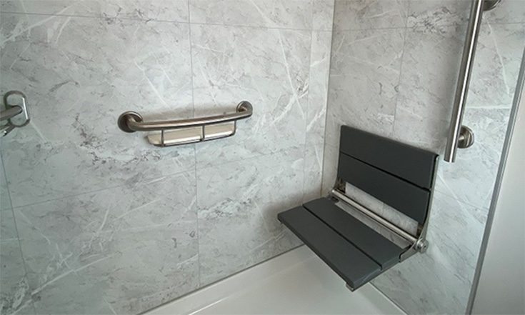 Step 2 - option 1 fold down teak seat credit JTEK Solutions Group - Innovate Building Solutions, Fold Down Shower Seats, Bathroom Shower Accessibility, Assisted Shower Designs, Bathroom Accessory Options