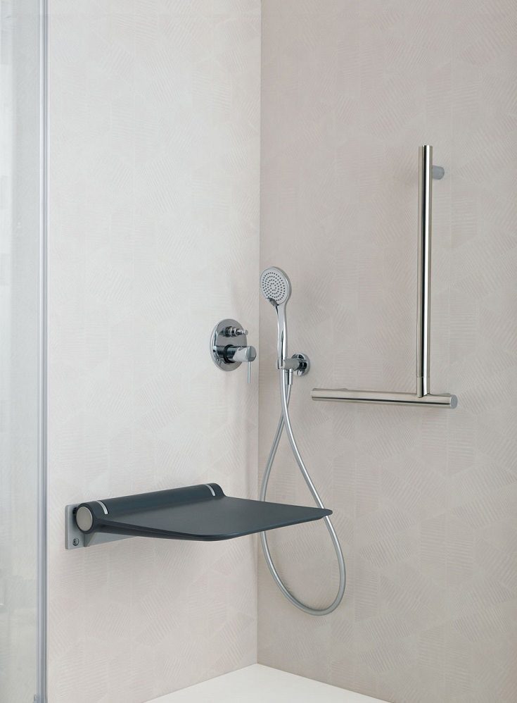 Step 4 contrasting black color bench seat vs. light colored wall surrounds - Innovate Building Solutions, Shower Wall Panels, Bathroom Accessory Options, Dream Shower Designs, DIY Bathroom Shower Concepts