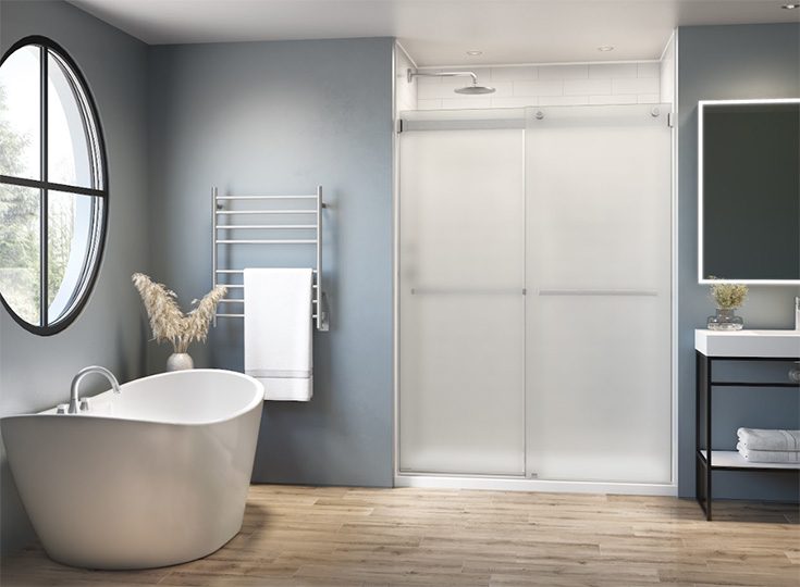 Tip 6 mist obscure glass shower door bypass with brushed nickel finish - Innovate Building Solutions, Glass Shower Doors, Walk In Shower Products, Beautiful Bathroom Concepts, Bathroom Shower Improvements