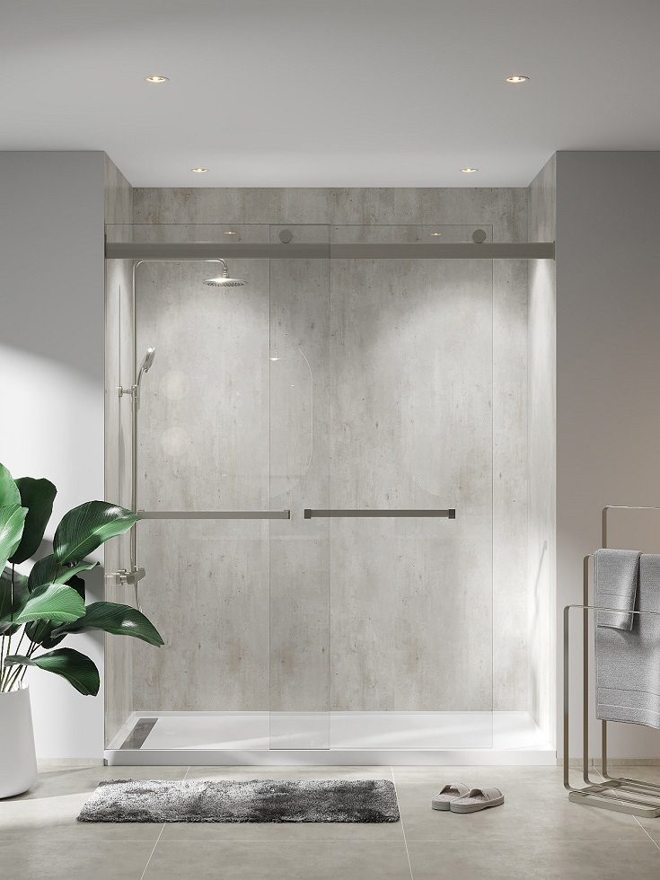 FAQ 10 cracked cement laminate shower surrounds linear drain offset pan - Innovate Building Solutions, Shower Wall Panels, Shower Base Pans, Custom Shower Kit, Bathroom DIY Projects
