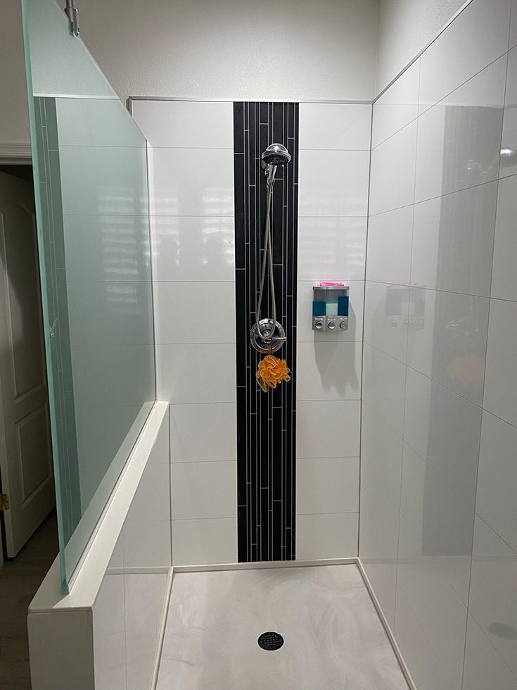 FAQ 2 shower with pony wall offset acrylic shower pan - Innovate Building Solutions, Custom Walk In Shower, Glass Wall Bathroom Shower, Shower Base Pan Options, Designed Bathroom Shower