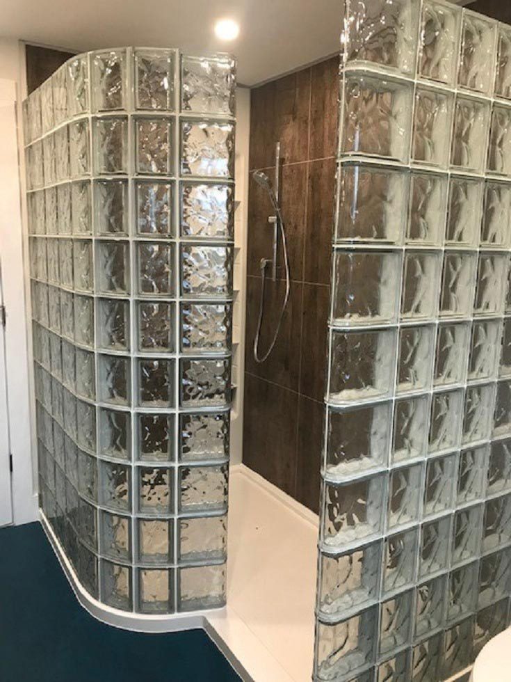 FAQ 9 glass block shower with custom offset shower pan - Innovate Building solutions, Custom Shower Pan, Glass Block Shower Needs, Bathroom Renovation Ideas, Bathroom Shower Designs