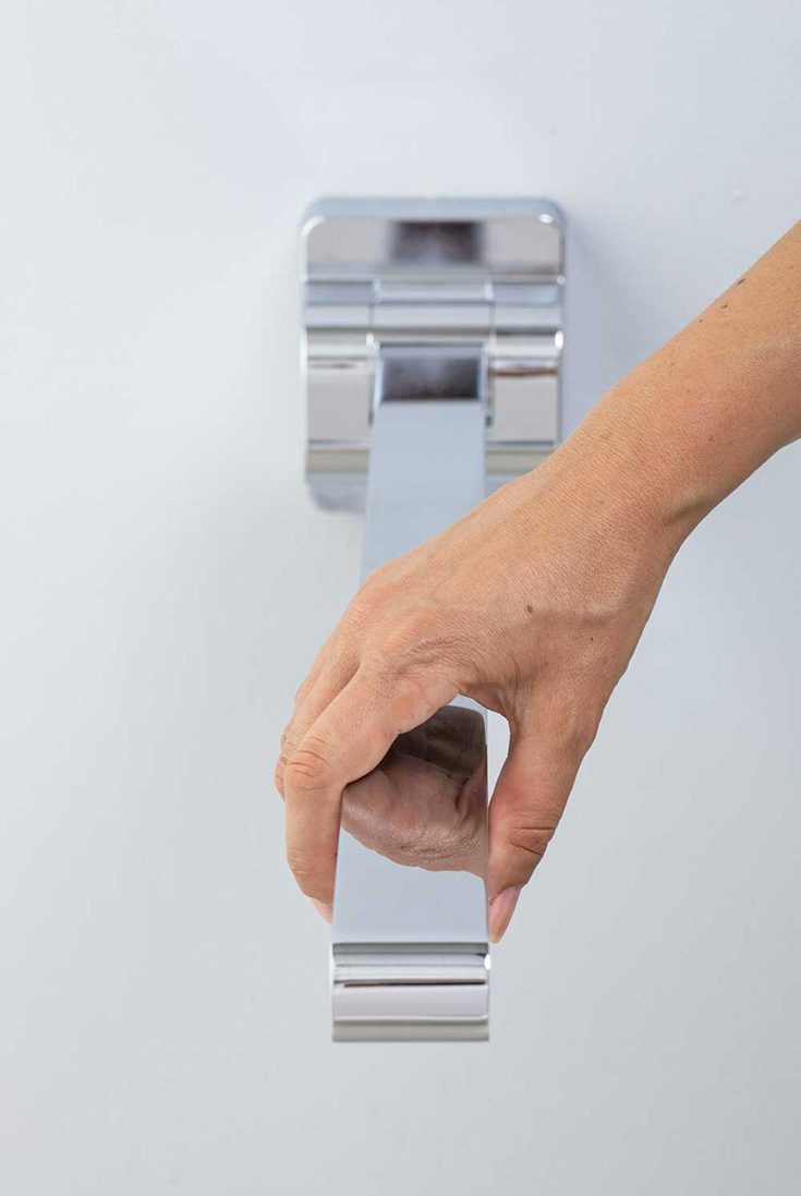 FAQ 6 fold down chrome grab bar - Innovate Building Solutions, Fold Down Accessories, Accessible Shower Concepts, Safer Bathroom Products, Modern Bathroom Showers