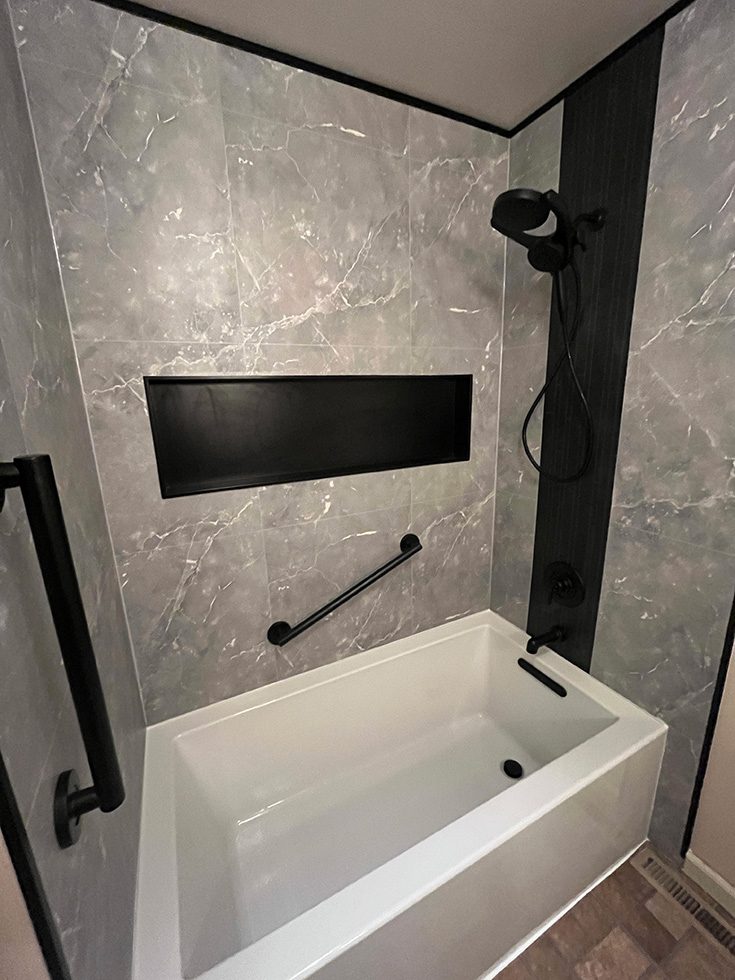 Step 4 accessory 4 grab bars around a tub surround horizontal niche - Innovate Building Solutions, Bathroom Accessory Options, Bathtub Grab Bars, Bathroom Storage Niches, Modern Bathroom Needs