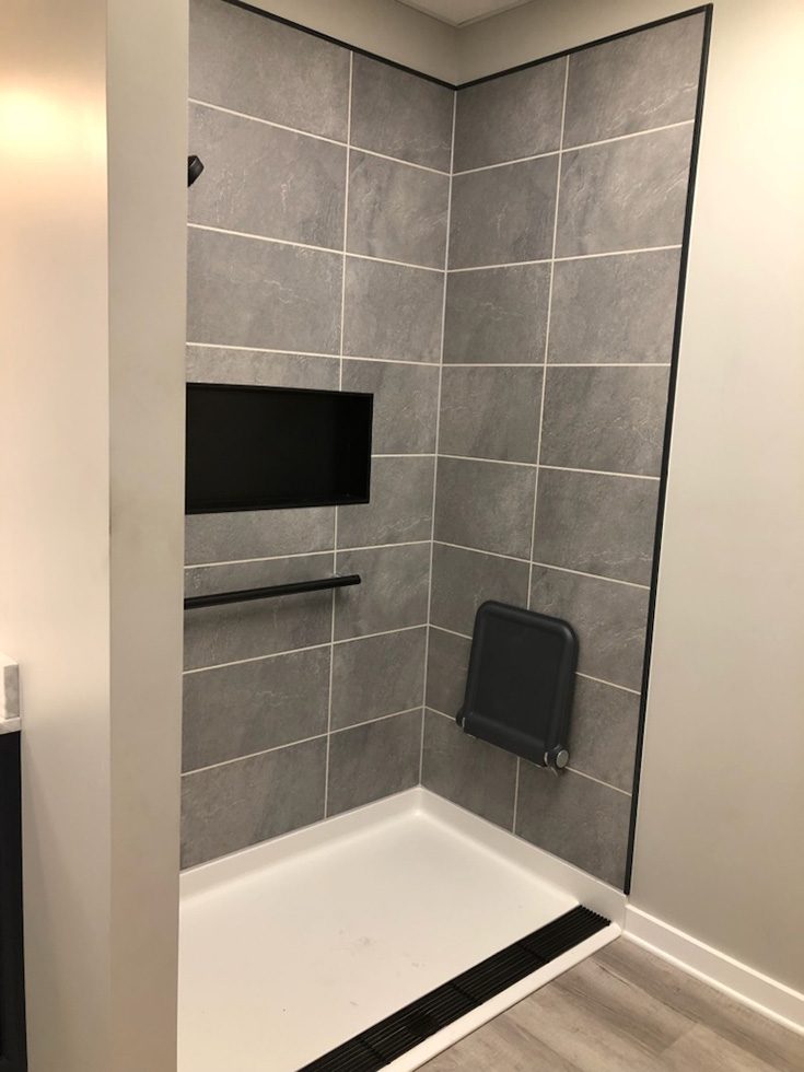 Criterion 2 roll in shower fiberglass pan matte black linear drain - Innovate Building Solutions, Roll In Shower Pans, Custom Bathroom Shower, Accessible Bathroom Shower Design, Shower Remodel Products