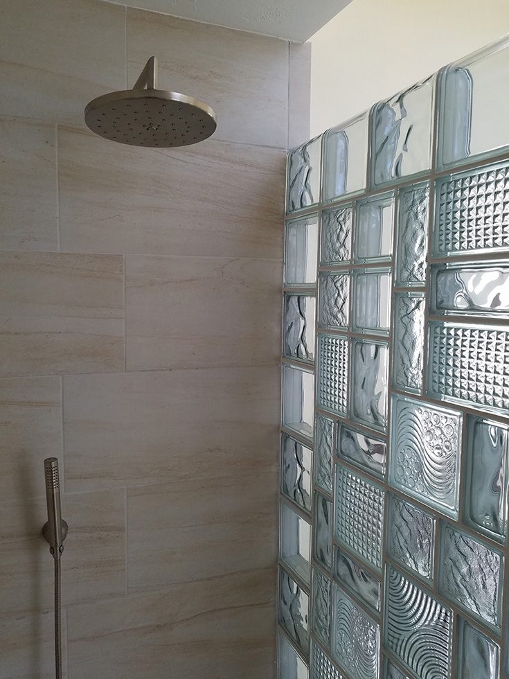 Criterion 3 element 5 funky glass block shower different sizes - Innovate Building Solutions, Cleveland Ohio Custom Showers, Glass Block Shower Wall, Modern Bathroom Renovation, Walk In Shower Customize