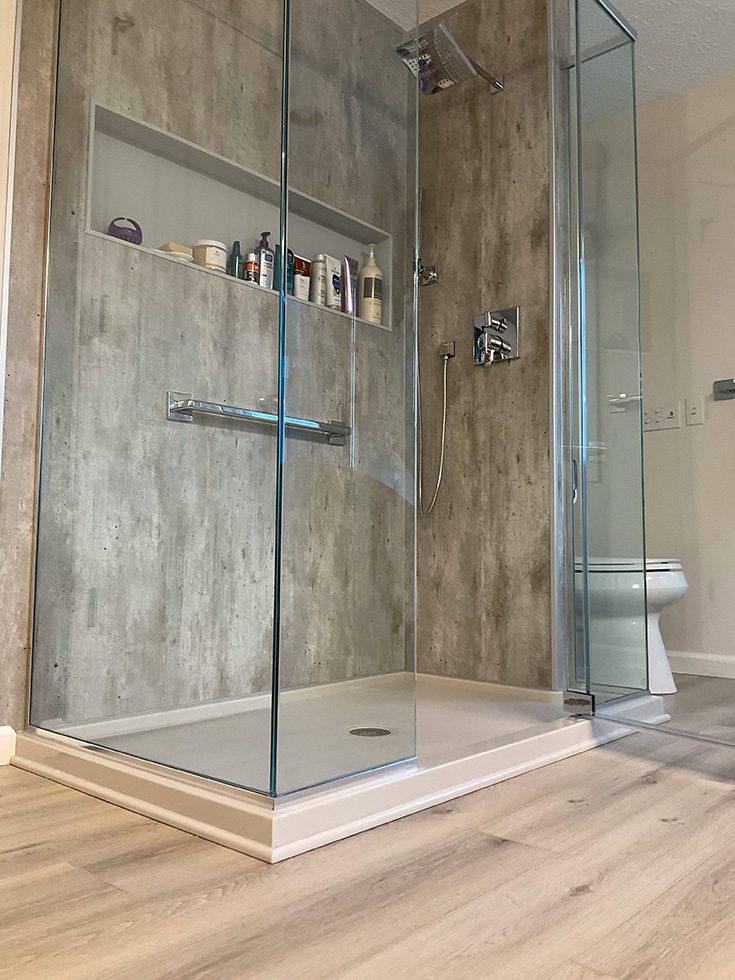 Feature 1 safe age in place walk in low profile shower pan - Innovate Building Solutions, Shower Design Ideas, Safer Bathroom Showers, Shower Pan Options, Modern Walk In Showers