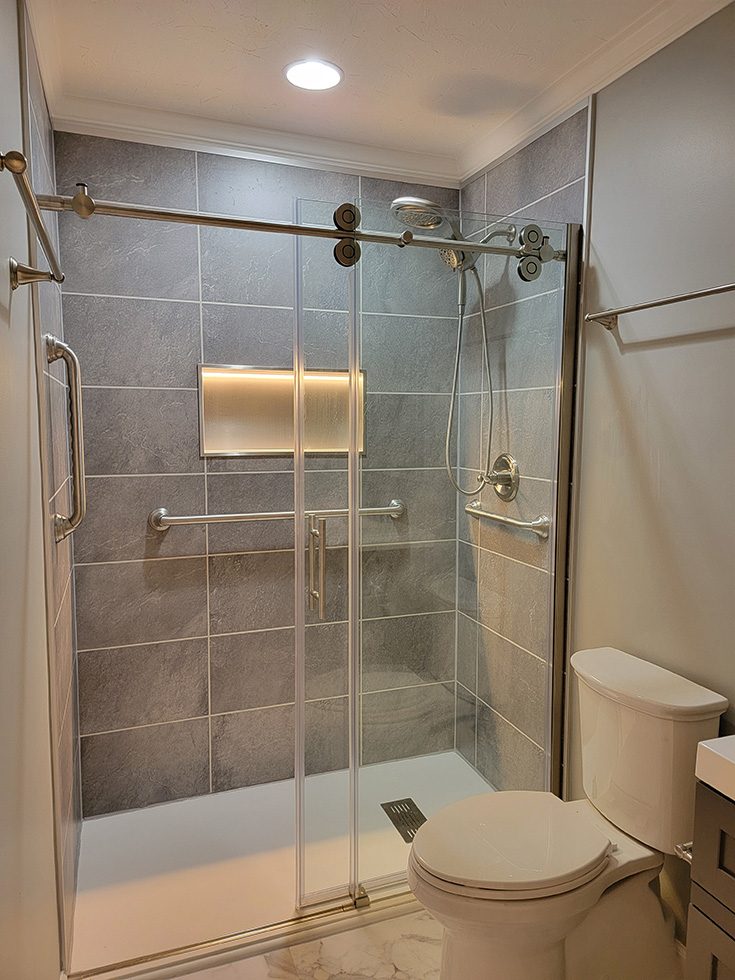 Feature 6 LED horizontal recessed niche - credit Honey Do Home Improve - Innovate Building Solutions, Shower Storage Options, Custom Bathroom Shower Designs, Walk In Shower Renovations, Dream Bathroom Shower