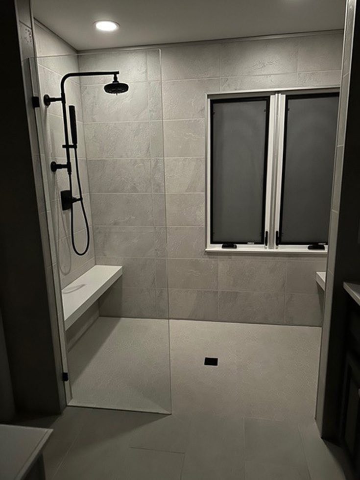 Feature 9 one level wet room greige slate shower wall panels - Innovate Building Solutions, Accessible Shower Concepts, Walk In Bathroom Shower, Bathroom Renovation Needs, Safer Shower Products