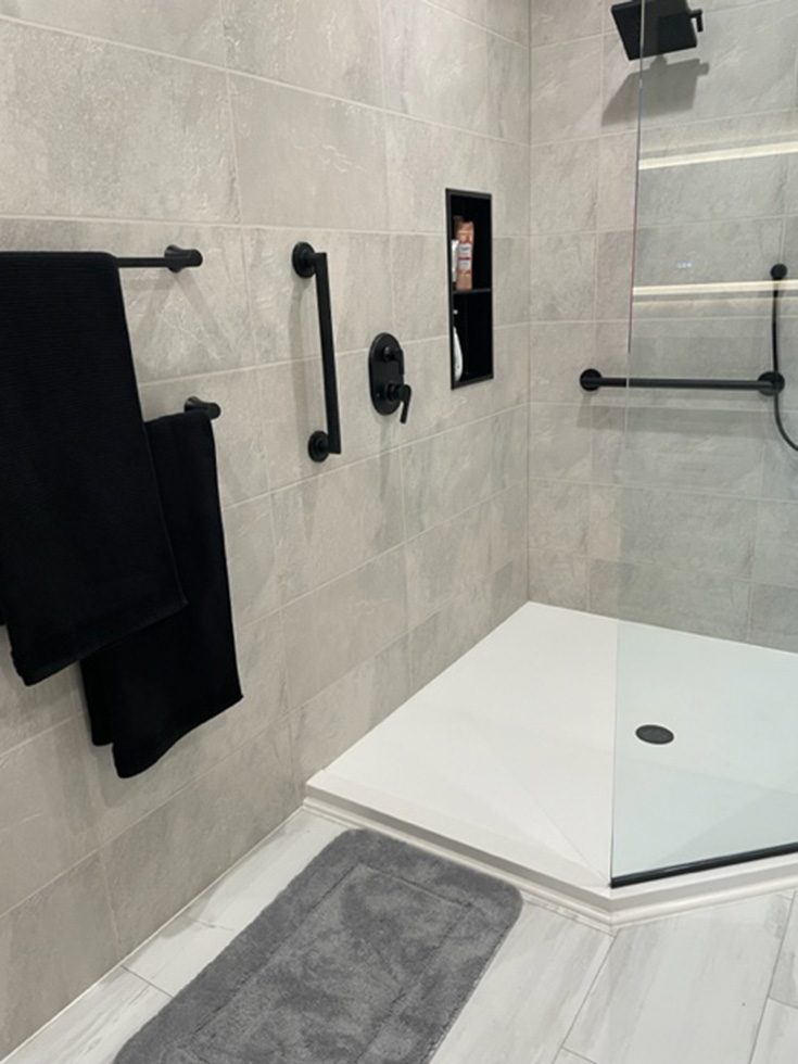 Section 4 myth 5 laminate greige slate shower wall panels low profile acrylic base - Innovate Building Solutions, Shower Panel Options, Custom Shower Pan, Bathroom Shower Renovations, Dream Bathroom Showers