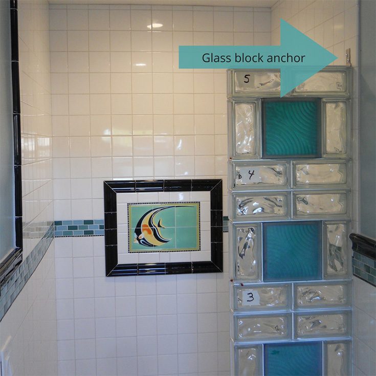 Element 10 anchoring a glass block shower wall with colored blocks - Innovate Building Solutions, Custom Glass Block Wall Designs, Modern Bathroom Shower Wall, Custom Walk In Shower Renovations, Walk In Bathroom Showers