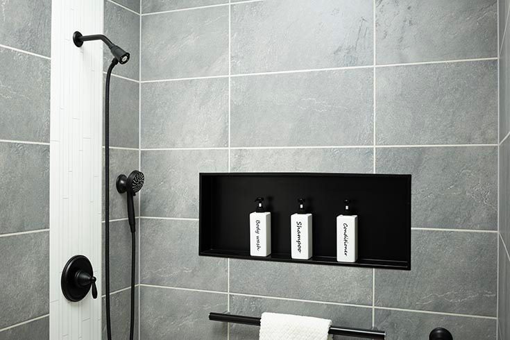 Element 11 idea 3 matte black stainless steel shower niche - Innovate Building Solutions, Walk In Shower Accessories, Modern Shower Ideas, Luxury Bathroom Designs, Glass Block Shower Walls