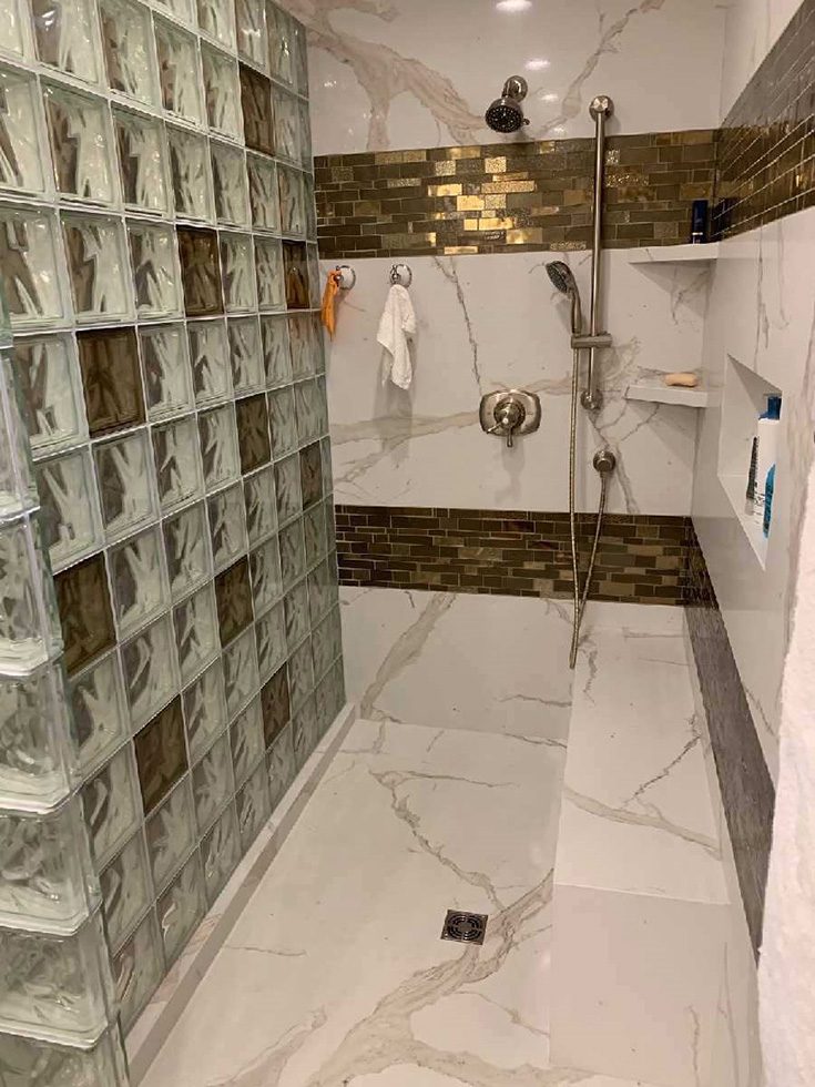 Element 3 colored glass block shower wall brown blocks - Innovate Building Solutions, Walk In Shower Remodeling, Custom Walk In Shower Designs, Glass Block Shower Walls, Modern Shower Design Ideas
