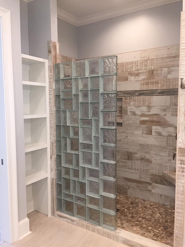 Element 4 mosaic glass block wall design multiple glass block patterns - Innovate Building Solution, Glass Block Wall Patterns, Custom Glass Block Shower Walls, Luxury Shower Remodeling, Modern Bathroom Shower