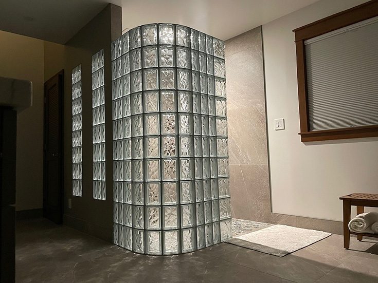 Element 5 curved glass block walk in shower - Innovate Building Solutions, Cleveland Ohio Custom Showers, Modern Bathroom Shower, Glass Block Shower Wall, Custom Glass Block Wall Designs