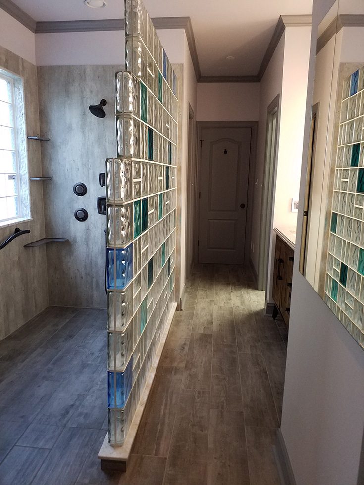 Element 7 step down colored glass block shower wall - Innovate Building Solutions, Glass Block Shower Wall Design, Custom Walk In Shower Concepts, Walk In Bathroom Renovation, Bathroom Shower Concepts