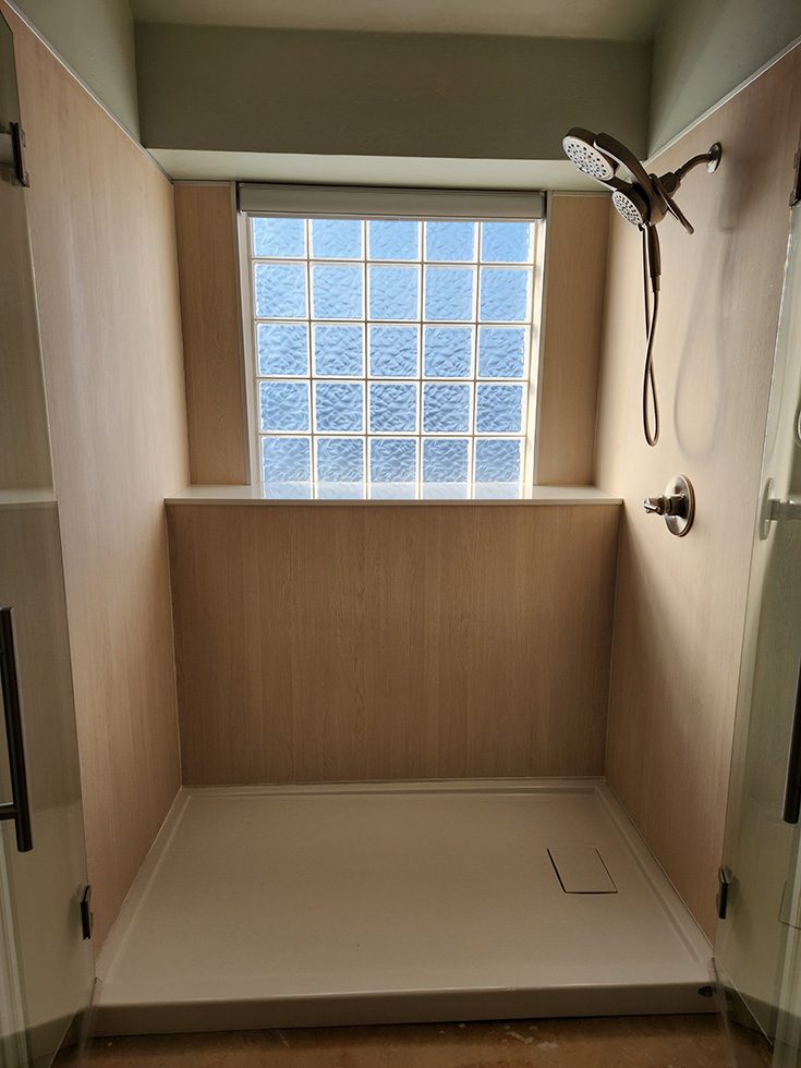 Mistake 14 glass block shower window with Light wood laminate shower wall panels - Innovate Building Solutions, Custom Shower Designs, Bathroom Shower Windows, Glass Block Shower Windows, Bathroom Shower Needs