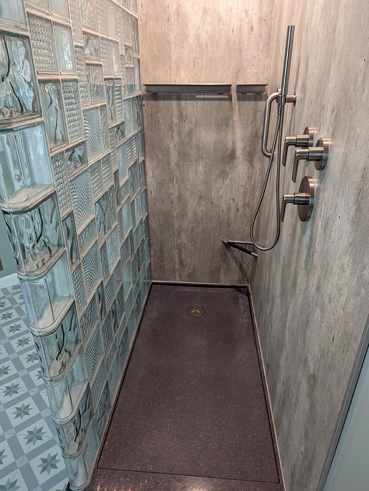Mistake 2 custom stone shower pan with multi-pattern glass block wall - Innovate Building Solutions, Walk In Shower Design, Bathroom Shower Renovation Ideas, DIY Bathroom Remodel, Glass Block Shower Walls