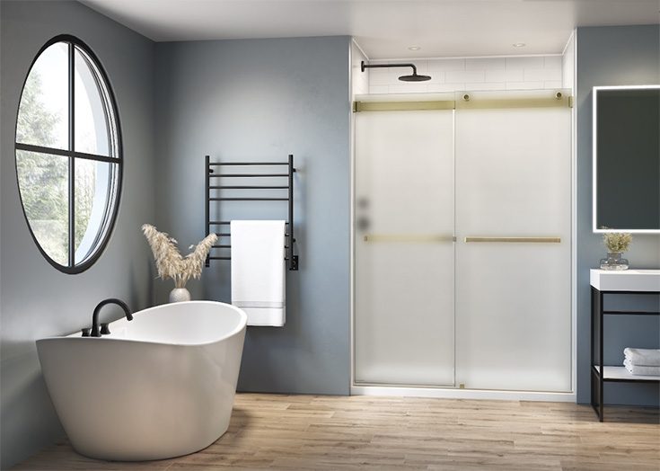 Mistake 8 obscure glass brushed brass bypass shower door - Innovate Building Solutions, Dream Bathroom Shower Designs, Walk In Shower Ideas, Modern Bathroom Shower Concepts, Bathroom Shower Renovations