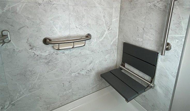 Problem 8 grab shelf in brushed nickel credit JTEK Solutions - Innovate Building Solutions, Accessible Shower Designs, Modern Bathroom Showers, Shower Remodeling Project, Walk In Shower Needs
