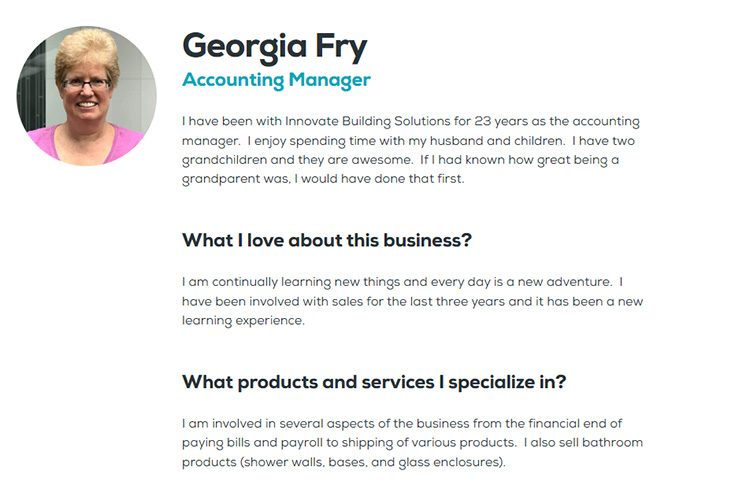 Reason 5 Georgia Fry - Innovate Building Solutions, Bathroom Shower Products, Custom Walk In Shower, Innovate Staff, DIY Shower Products