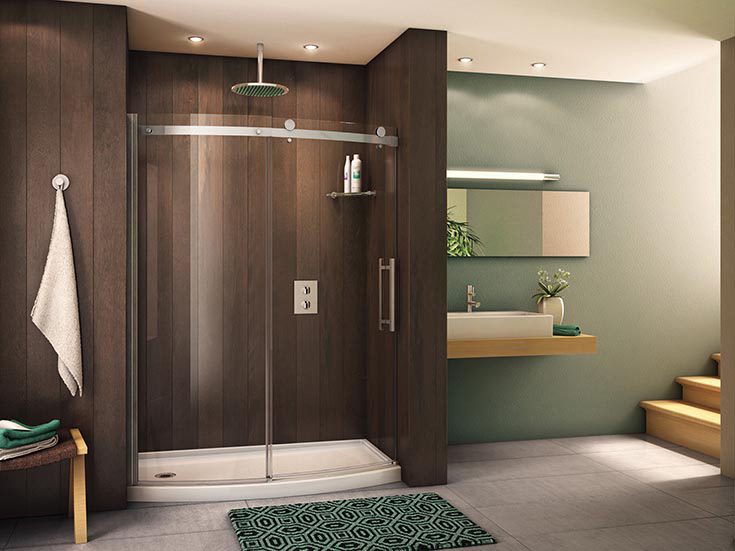 Feature 7 curved sliding shower door and acrylic bowed shower pan - Innovate Building Solutions, Custom Shower Bases, Modern Bathroom Shower Products, Bathroom Renovation Ideas, Shower Remodeling Concepts