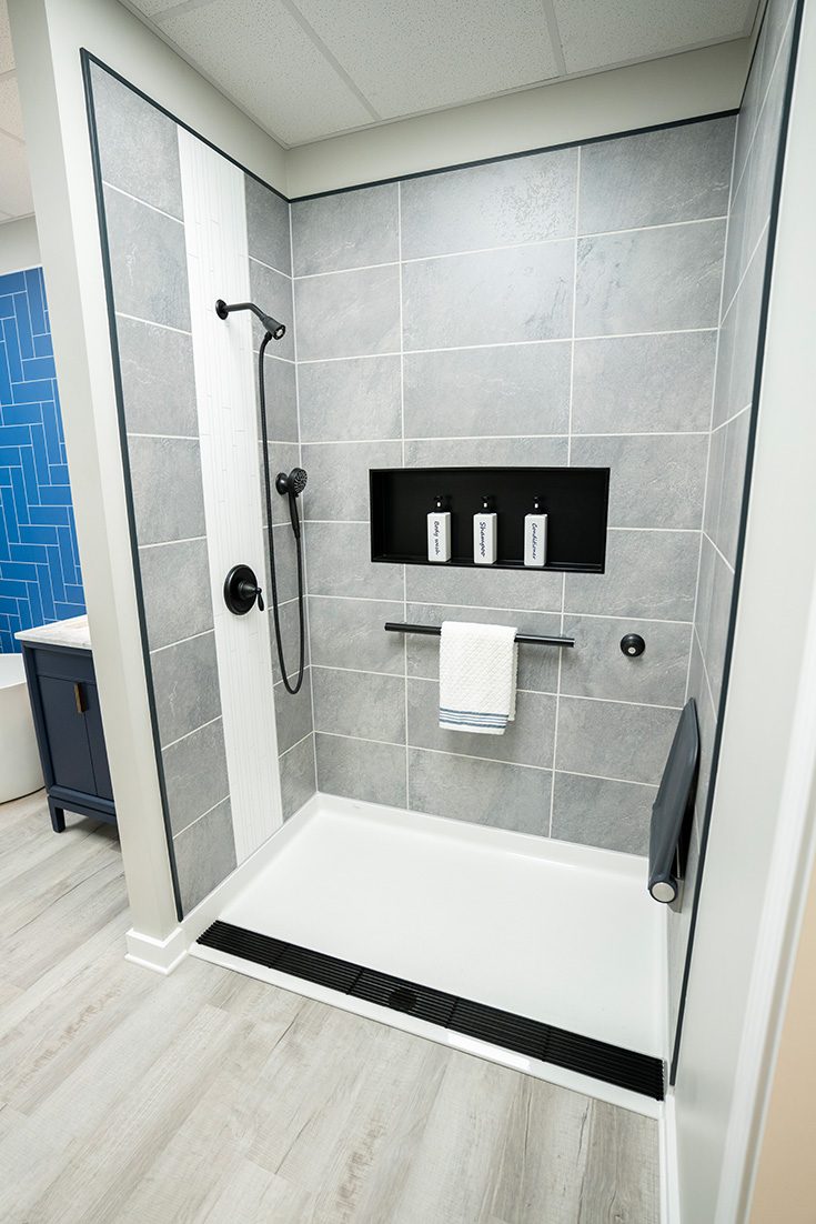 Avoid nightmare 11 3d textured black slate fold down seat grab bar - Innovate Building Solutions, Walk In Shower Accessories, Accessible Bathroom Shower Needs, Fold Down Shower Seat, Bathroom Shower Grab Bars