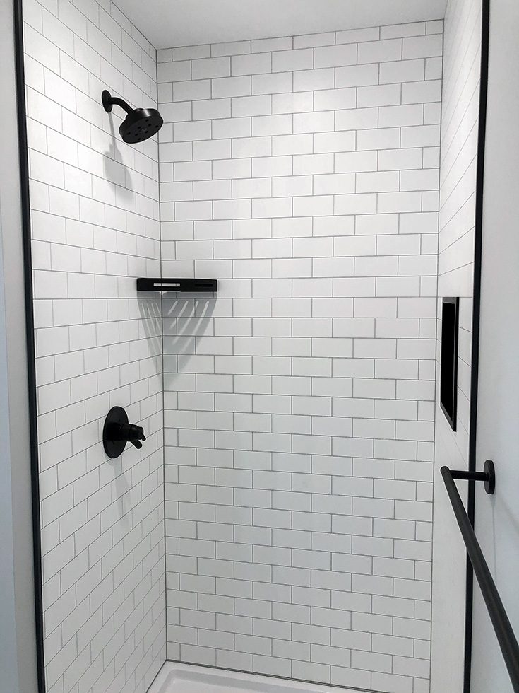 Reason 9 fibo shower white subway tile with faux grout joints - Innovate Building Solutions, Alternatives To Tile, Bathroom Shower Wall Panels, Custom Walk In Shower, Bathroom Remodeling Products