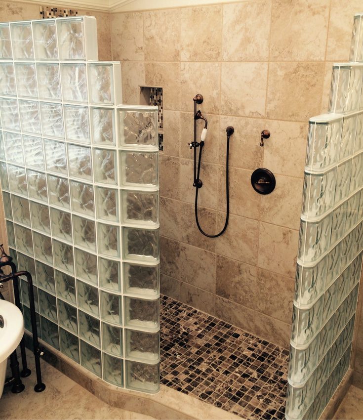 Regret 11 valve at shower entrance glass block walk in shower - Innovate Building Solutions, Custom Shower Design Ideas, Glass Block Shower Walls, Smart Shower Renovation Designs, Walk In Bathroom Shower Ideas