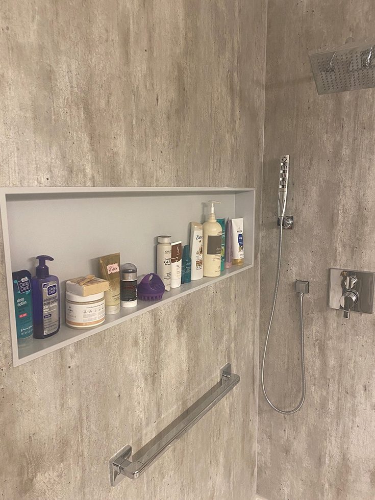 Regret 6 long gray horizontal shower niche - Innovate Building Solutions, Custom Walk In Shower Designs, Custom Shower Accessories, Modern Bathroom Shower Ideas, Shower Niches And Grab Bars