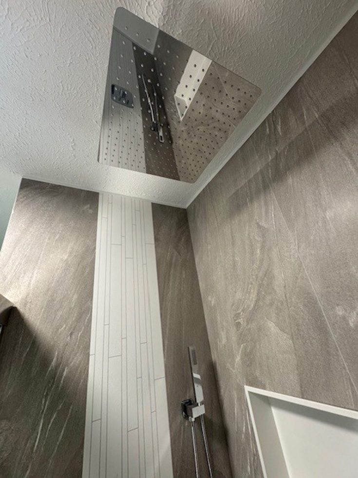 Regret 8 graystone shower wall panels white accent trim - Innovate Building Solutions, Shower Wall Panel Options, Beautiful Shower Designs, Custom Shower Wall Panels, DIY Bathroom Shower Renovations