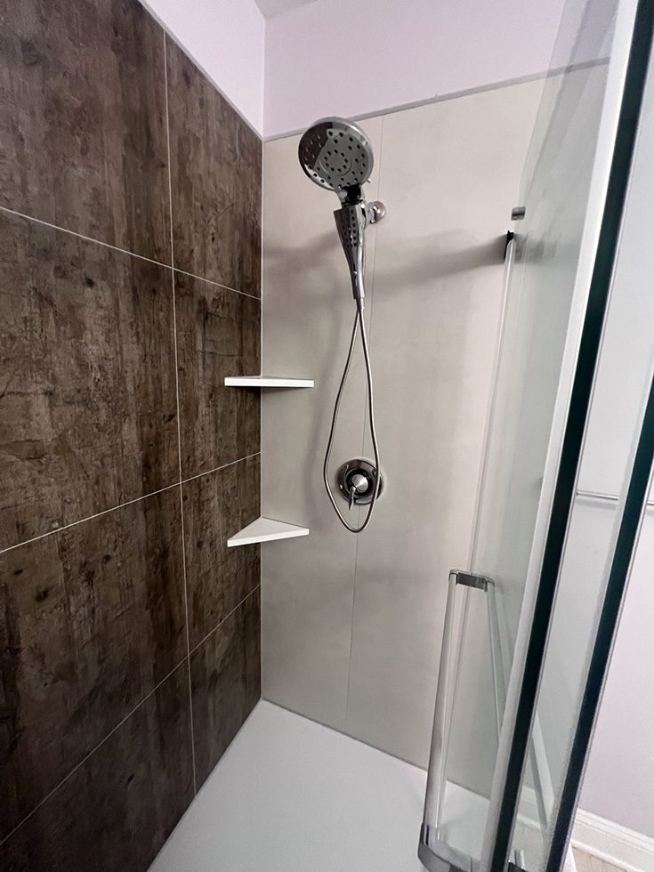 Accessory 3 white solid surface corner shelves rough wood - Innovate Building Solutions, Modern Shower Wall Panels, Corner Shower Storage, Custom Walk In Bathrooms, Luxury Shower Designs