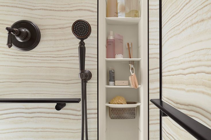 Avoid 1 niche with adjustable shelves - Innovate Building Solutions, Custom Shower Storages, Modern Bathroom Shower Designs, Bathroom Shower Remodeling Needs, Luxury Shower Concepts