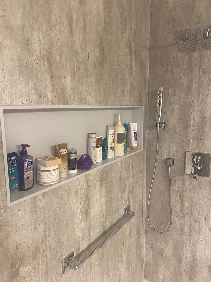 Avoid 3 solid surface gray stainless steel horizontal niche - Innovate Building Solutions, Beautiful Bathroom Showers, Alternatives To Tile, Modern Shower Storage Options, Custom Bathroom Shower Niches