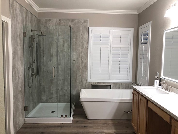 FAQ 9 two side corner shower with cracked cement wall surrounds - Innovate Building Solutions, Luxury Home Showers, Modern Bathroom Shower Remodels, Shower Pans And Panels, Walk In Bathroom Showers
