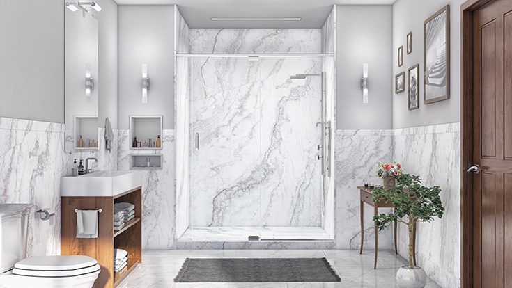 Section 3 pro 2 full slab look PVC shower wall panels - Innovate Building Solutions, Modern Bathroom Remodels, Custom Shower Designs, Beautiful Bathroom Shower Concepts, Shower Wall Pans And Panels