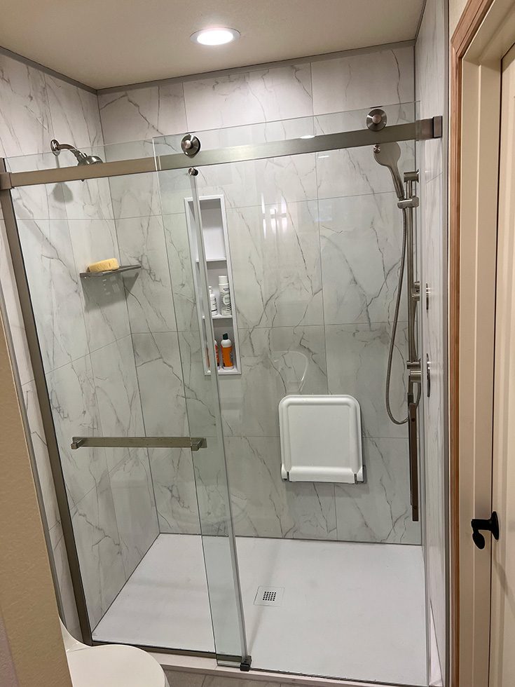 Idea 2 vertical niche in tub to shower conversion - Innovate Building Solutions, Walk In Shower Products, Bathroom Shower Storage, Custom Walk In Showers, Bathroom Renovation Ideas