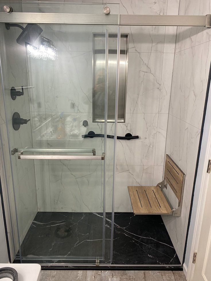 Worry 4 accessible stylish age in place shower with wall panel - Innovate Building Solutions, Age In Place Showers, Accessible Bathroom Design, Safer Home Showers, Bathroom Shower Concepts