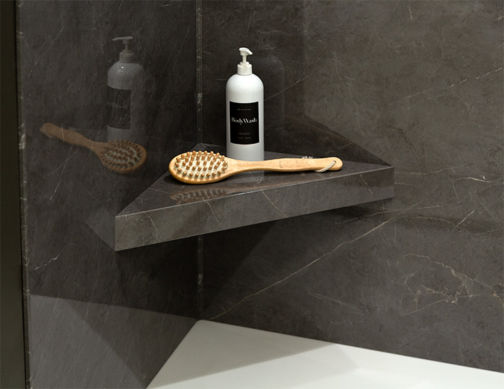 Tip 6 - Strategy 4 Polished Stone Graphite Marble shower bench and panels - Innovate Building Solutions, Custom Walk In Showers, Modern Bathroom Showers, Beautiful Shower Renovations, Tall Walk In Showers