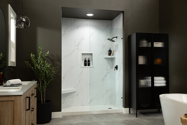Tip 6 strategy 1 White Carrara vertical shower wall panels - Innovate Building Solutions, Cleveland Ohio Bathroom Remodeling, DIY Custom Shower Concepts, Tall Shower Wall Panels, Beautiful Bathroom Shower Renovations