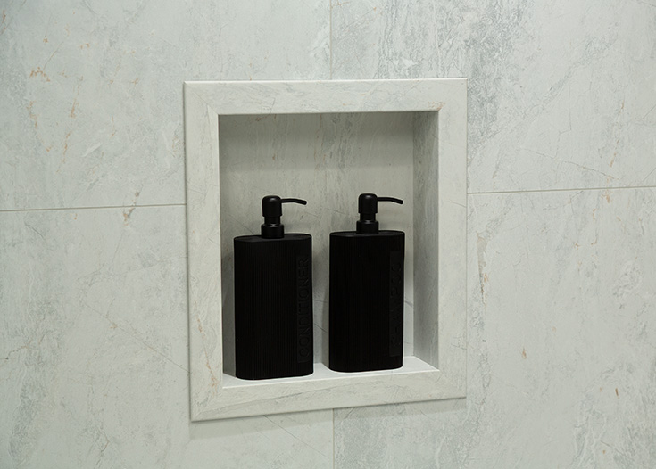 Tip 8 in wall niche Arctic Vein shower niche - Innovate Building Solutions, Custom Shower Accessories, Budget Friendly Remodeling Products, Bathroom Shower Storage, Tall Shower Wall Panels